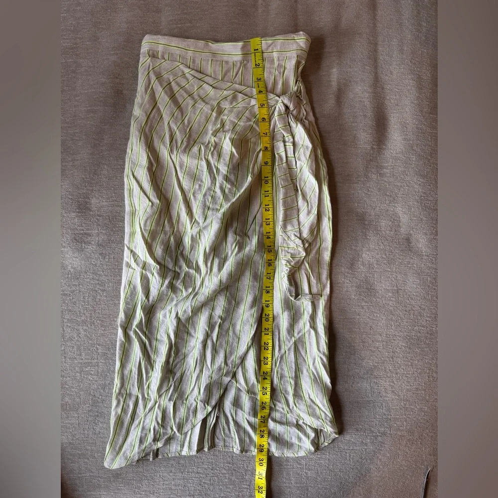 MNG Mango Suit Linen Wrap Midi Skirt White Green Stripe Size XS